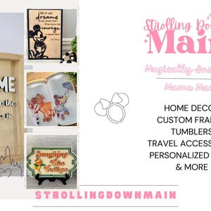 Puede incluir: Letrero enmarcado de madera con las palabras "HOME is where the magic is" y una silueta de castillo. Otros art&iacute;culos incluyen un letrero con cita de Mickey Mouse, vasos con personajes de dibujos animados y un letrero con el texto "Sunshine the Toumpa". El logo dice "Strolling Down Main".