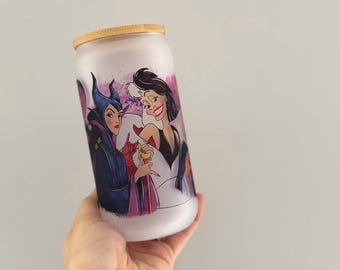 Disney Bösewichte Glasbecher Bambus Deckel | Cruella, Böse Königin, Ursula, Malefiz, | Disney Erwachsene | Personalisierte Libby Tasse
