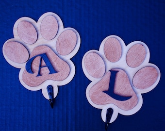 Personalized Dog Leash Holder, Wood Leash Holder, Initial Paw Print Pet Leash Rack, Dog Leash Rack, Custom Leash Holder, Leash Wall Hook