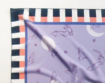 Moon & Bats Square Scarf with Checkered Border