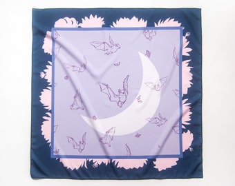 Bats & Big Moon Square Scarf with Cactus Flower Border