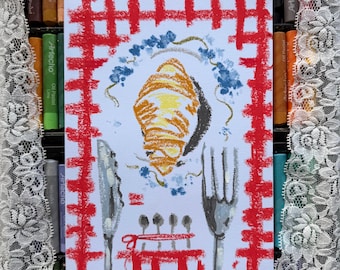 Croissant, Florals and Picnic Blanket — Original Bespoke Artwork, A5