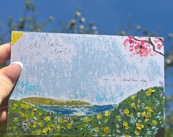 Original Art — Spring Meadows, Colourful Flowers, Cherry Blossoms. A6 Bespoke Oil Pastel Artwork.