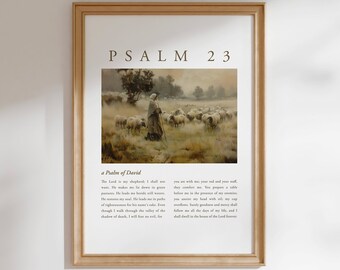 Psalm 23 The Lord Is My Shepherd. Printed Bible Verse Poster Art for Christian Home Decor. Gospel Vintage Oil Painting Bible Quote.