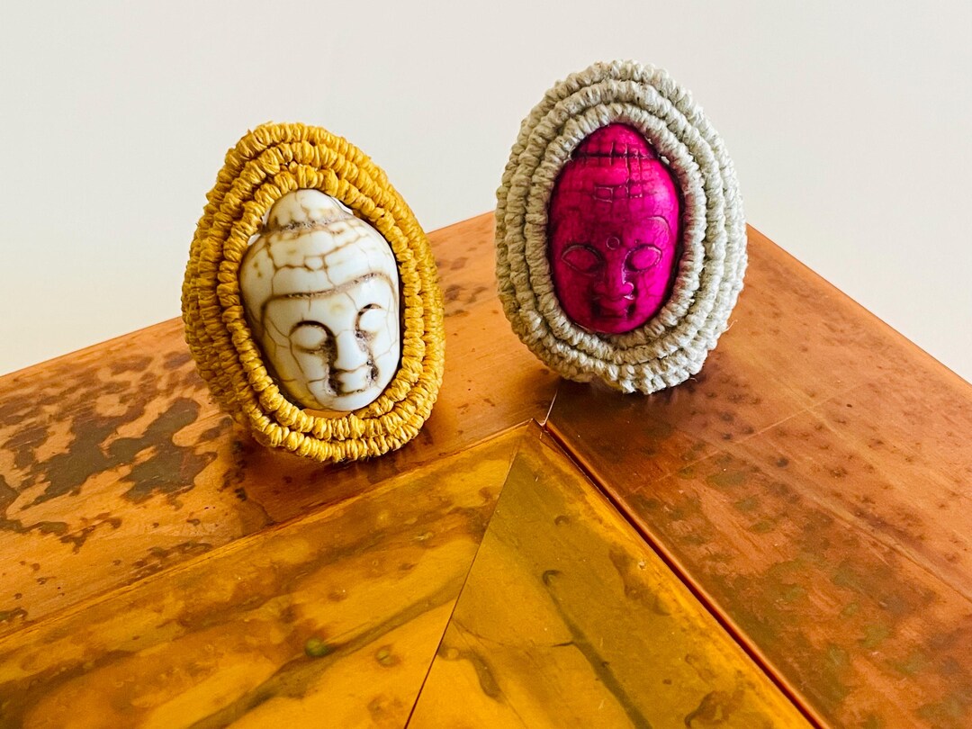 Hemp Rings Handwoven Hemp Ring With Carved Stone Buddha – Artisan Macramé ...