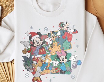 Felpa retrò Disney Merry Christmas, personaggio di Walt Disneyworld, maglione natalizio di Topolino e i suoi amici, periodo natalizio, maglietta con albero di Natale