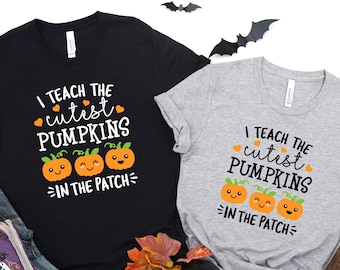 ハロウィンの先生用スウェットシャツ、秋の先生用シャツ、パンプキン先生用Tシャツ、かわいい先生用シャツ、パッチで一番かわいいパンプキンを教えますシャツTシャツ