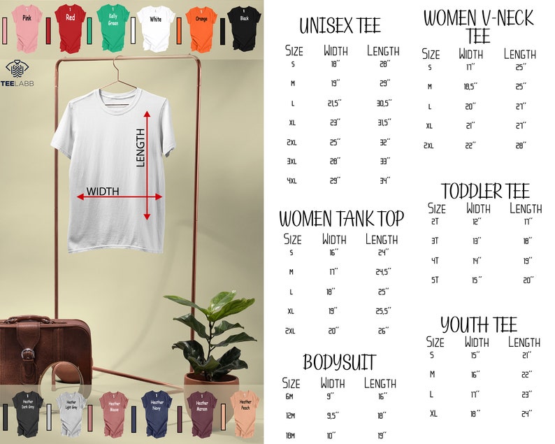 以下が含まれることがあります： ユニセックスTシャツ、レディースVネックTシャツ、レディースタンクトップ、幼児用Tシャツ、子供用Tシャツ、ボディスーツなど、さまざまな種類のシャツのサイズ測定値を示す表。測定値はインチで表示されています。