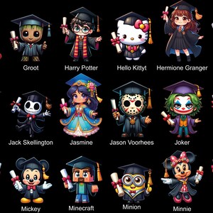 May include: A colourful illustration of 16 popular characters wearing graduation caps and gowns. The characters include Goofy, Groot, Harry Potter, Hello Kitty, Hermione Granger, Hulk, Iron Man, Jack Skellington, Jasmine, Jason Voorhees, Joker, Merida, Michael Myers, Mickey Mouse, Minecraft, Minion, Minnie Mouse, and Moana.