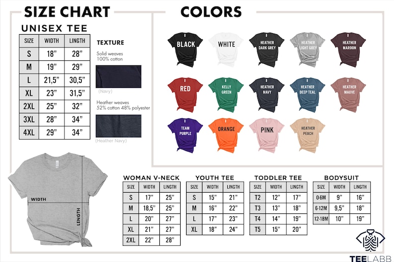 May include: Size chart for unisex, women's, youth, toddler, and bodysuit t-shirts. The chart shows the width and length measurements for each size in inches. The chart also includes information about the fabric composition and color options. The color options include black, white, dark grey, light grey, maroon, red, kelly green, navy, deep teal, mauve, team purple, orange, pink, and heather peach.