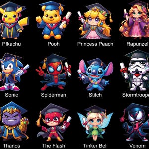 May include: A digital illustration of 17 popular characters wearing graduation caps and gowns. The characters include Pennywise, Pikachu, Pooh, Princess Peach, Rapunzel, Ron Weasley, Snow White, Sonic, Spiderman, Stitch, Stormtrooper, Superman, Super Mario, Thanos, The Flash, Tinker Bell, and Venom.