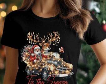 Merry Christmas Unisex Tee: Santa & Reindeer Car Design