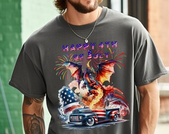 Camiseta divertida del 4 de julio con dragón y bólido: colores cómodos para el Día de la Independencia