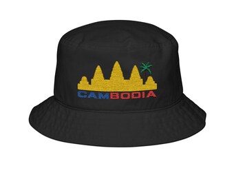 Cambodia Angkor Wat Embroidered Bucket Hat, Tropical Palm Tree