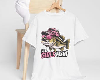Reel Girls Fish! Bass Illustration T-Shirt | Fishing Lady Graphic Tee