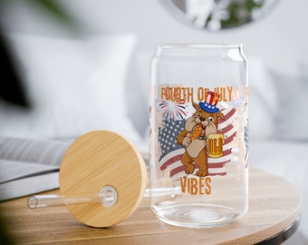 Verre à siroter 4 juillet : modèle de bière à hot-dog, couvercle en bambou et paille