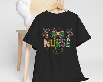 Mardi Gras Nurse T-Shirt | Stethoscope, Masks & Fleur-de-Lis Celebration Tee