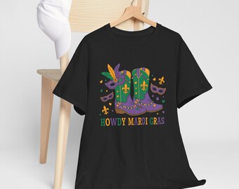Howdy Mardi Gras Boots T-Shirt | Cowgirl Tee, Festive Parade Apparel