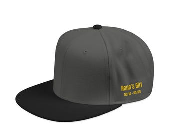 Yellow Script Side Embroidery Snapback | Gray Black Snapback Hat