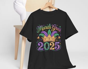 Mardi Gras 2025 Tee | Carnival Crown, Mask, Purple Green Gold