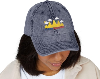 Cambodia Angkor Watt Tropical Palm Tree Cap, Pixel Crown embroidered Cap, vintage washed baseball hat | colorful stitched crown