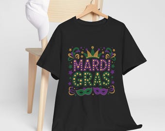 Mardi Gras Letters T-Shirt | Carnival Mask, Crown, Confetti Design