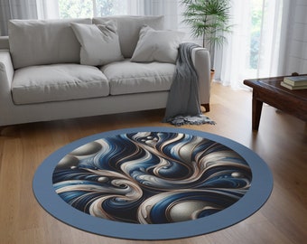 Circulaire Dynamic Swirl bleu et argent | Tapis d'intérieur de luxe élégant et antidérapant pour salon et chambre à coucher - 60 pouces de diamètre
