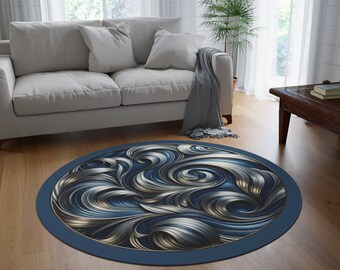 Tapis circulaire bleu spirale et argent | Tapis d'intérieur luxueux et antidérapant pour salon et chambre - 60 po. de diamètre