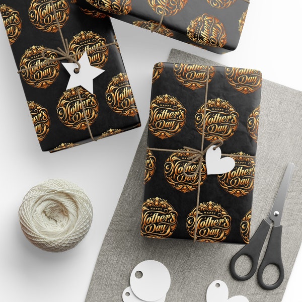 Mother's Day Golden Elegance Wrapping Paper - Luxurious Black & Gold Gift Wrap for Mom, Available in Glossy or Matte, Various Sizes