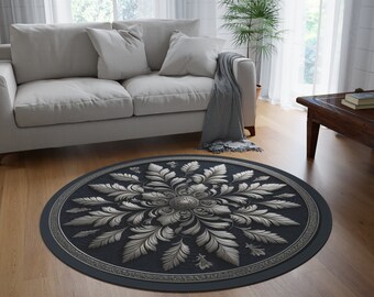 circulaire à fleurs bleues et argentées sophistiquées | Tapis d'intérieur antidérapant élégant pour salon et chambre à coucher - 60 po. de diamètre