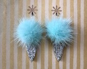 Lightweight fabric dangle earrings - cream reversed teardrop with faux lightblue fur balls, sterling silver earwire