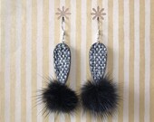 Lightweight fabric dangle earrings - black reversed teardrop with faux fur balls, sterling silver earwire, statement jewelry