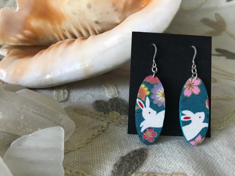 teal oval with Japanese rabbit and flowers bunny owner Lightweight fabric dangle earrings sterling silver earwire rabbit lover gift