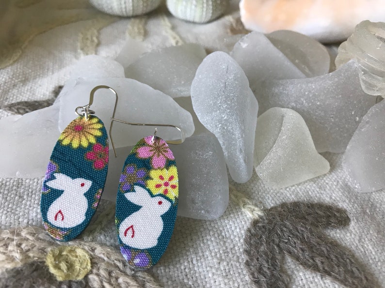 teal oval with Japanese rabbit and flowers bunny owner Lightweight fabric dangle earrings sterling silver earwire rabbit lover gift