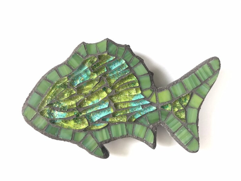 Recycled tempered glass mosaic fish magnet green with mixed colors glitters ceramic magnet fish lover gift