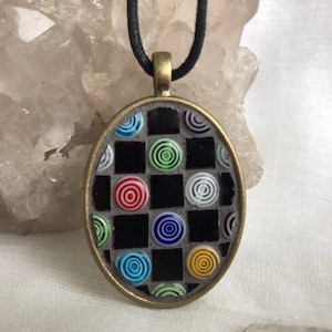 Mosaic antique bronze color pendant - oval with glass and beads