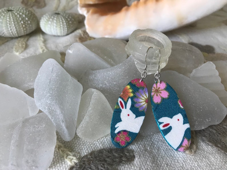 teal oval with Japanese rabbit and flowers bunny owner Lightweight fabric dangle earrings sterling silver earwire rabbit lover gift