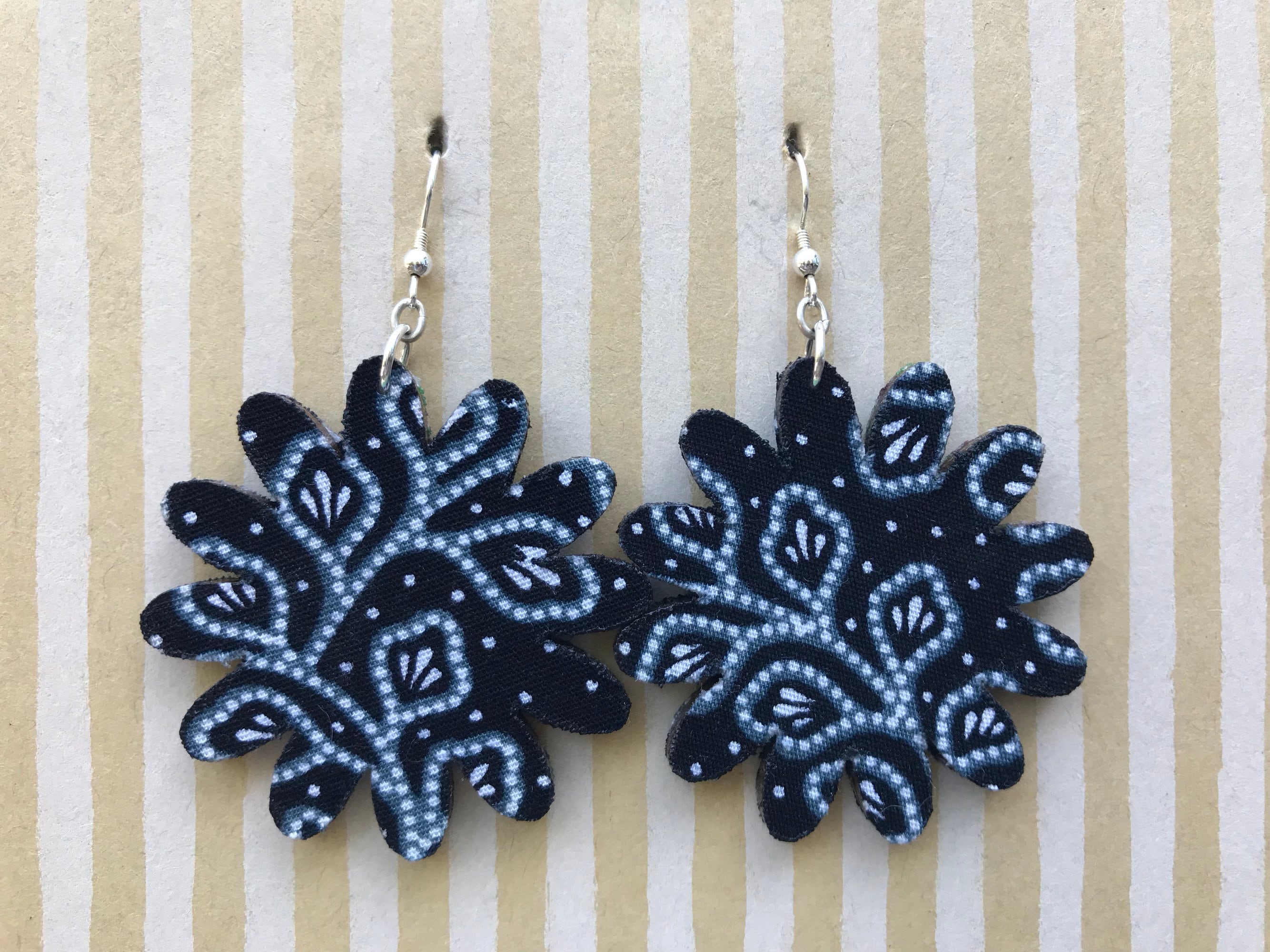 black and white flower sterling silver earwire Lightweight fabric earrings