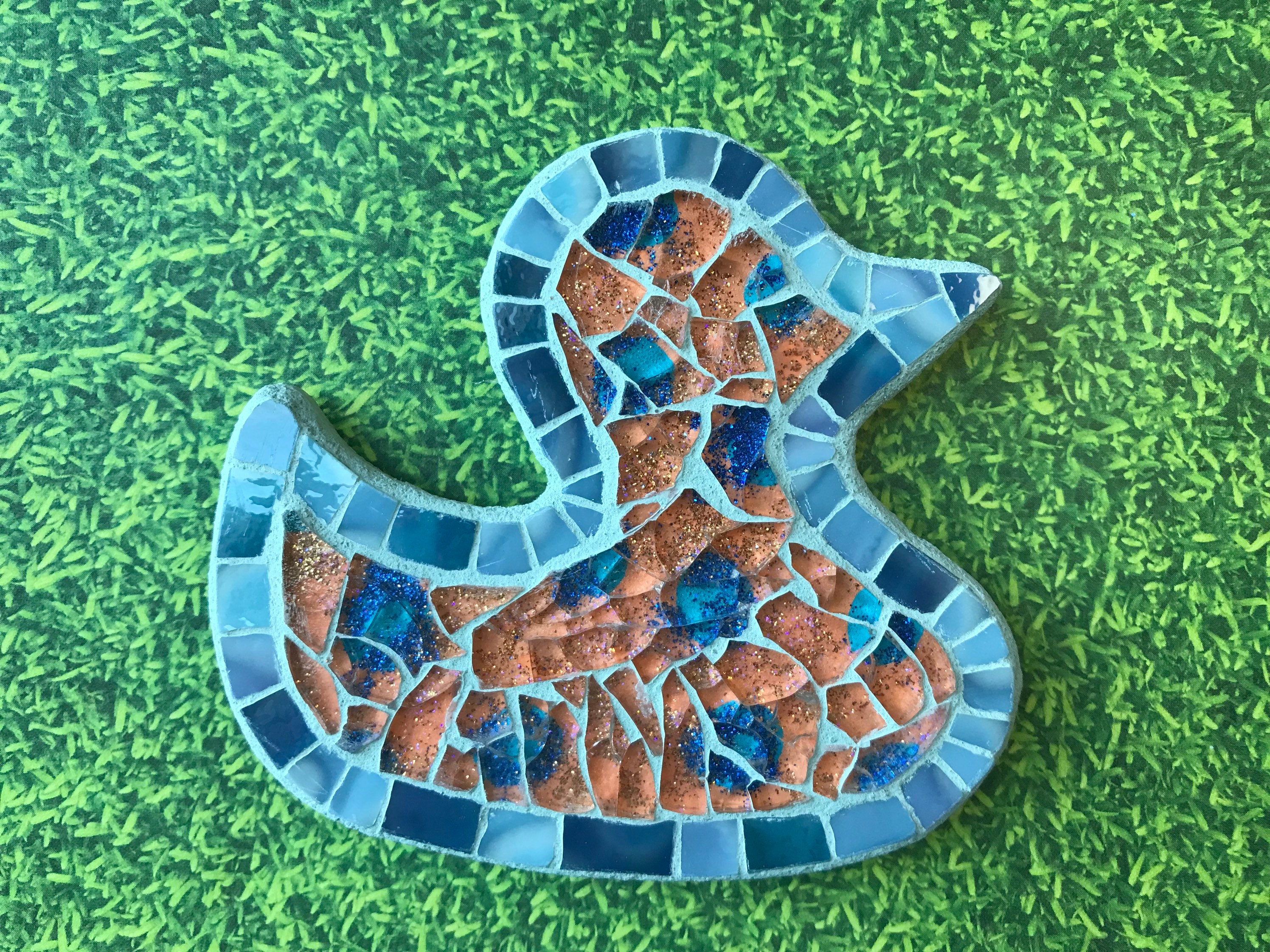 Recycled tempered glass duck mosaic magnet, blue stained glass on orange patint, glitters, ceramic magnet