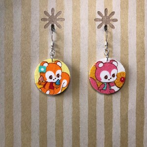 Lightweight fabric dangle earrings - small circle with squirrels, dog and rabbit, sterling silver earwire, kawaii animals