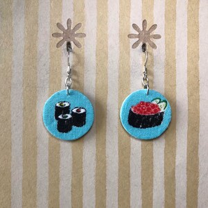 Lightweight fabric dangle earrings - small blue circle with sushi roll, sterling silver earwire, Japanese food