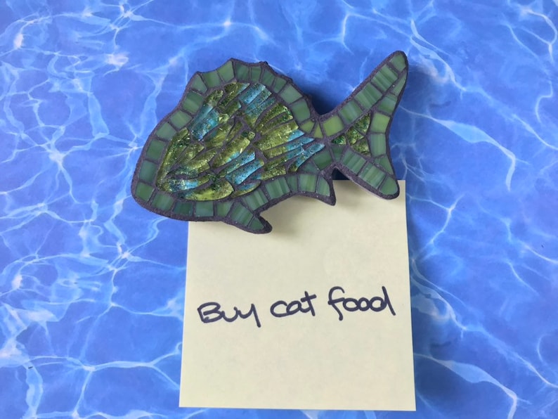 Recycled tempered glass mosaic fish magnet green with mixed colors glitters ceramic magnet fish lover gift