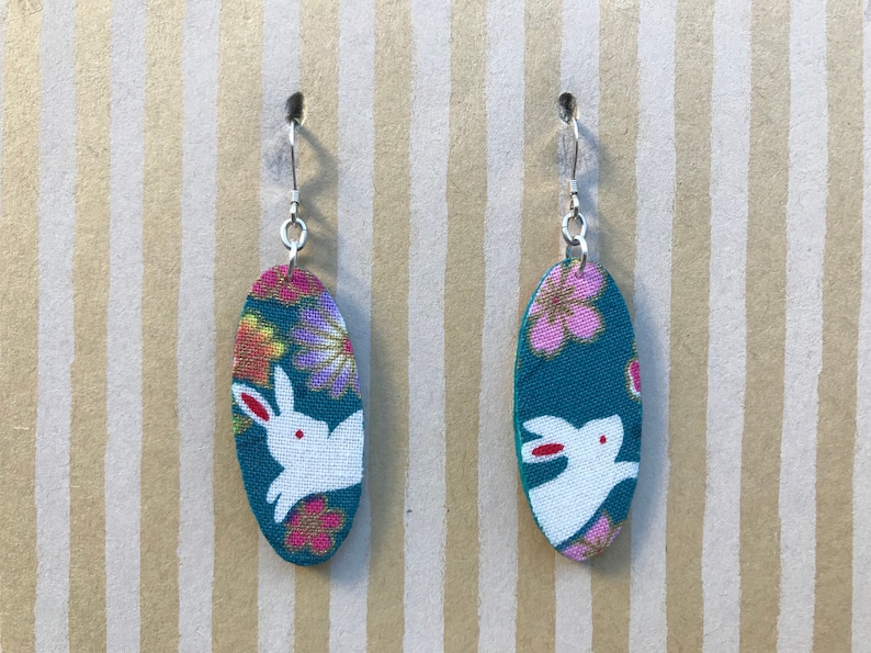 teal oval with Japanese rabbit and flowers bunny owner Lightweight fabric dangle earrings sterling silver earwire rabbit lover gift