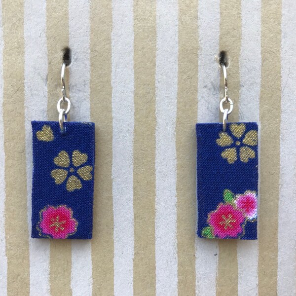Lightweight fabric dangle earrings, small royal blue rectangle, sterling silver earwire, pink cherry blossoms