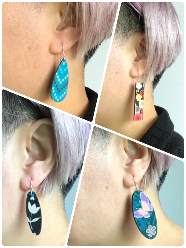 teal oval with Japanese rabbit and flowers bunny owner Lightweight fabric dangle earrings sterling silver earwire rabbit lover gift