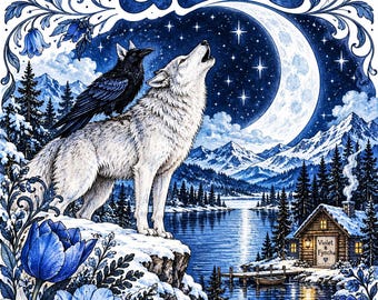 Bluebell & Bay Junk Journal Kit: 24-Page Printable with Wolves, Ravens, and Blue-and-White Florals