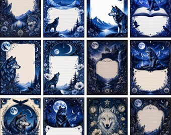 Midnight Wolves Junk Journal Set, 12 Printable Journal Pages, Blue Wolf Stationery Bundle, Digital Download
