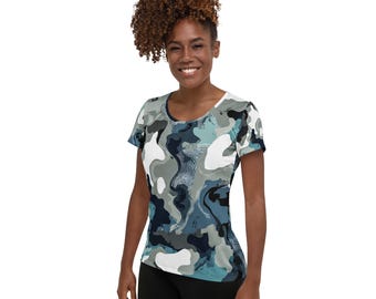 Storm Front Camo Athletic Shirt, Women’s Blue Gray Workout Tee, Storm Chaser Gift, Weather Lover Top, Hiking Running Shirt
