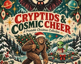 46-Page Printable Christmas Gift Bundle: Bigfoot, Mothman & Alien Gift Tags, 5x7 Cards and Gift Wrap