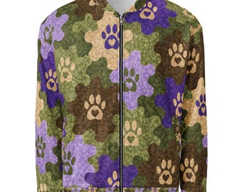 Dog Paw Camouflage Bomber Jacket, Purple Green Streetwear Coat